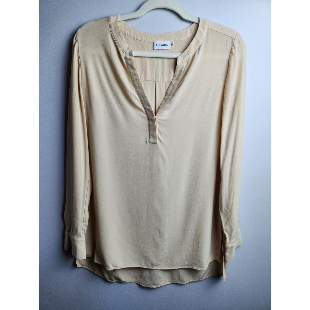 R Label 100% Silk long sleeve tunic Tan Sz S Button Cuff
